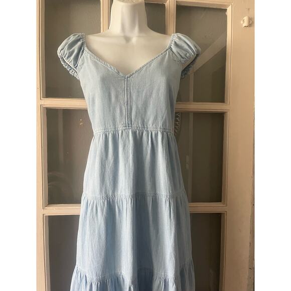 OLD‎ NAVY FIT & FLARE MAXI DRESS COTTON CHAMBRAY TIERED LIGHT WASH BLUE - Picture 7 of 12